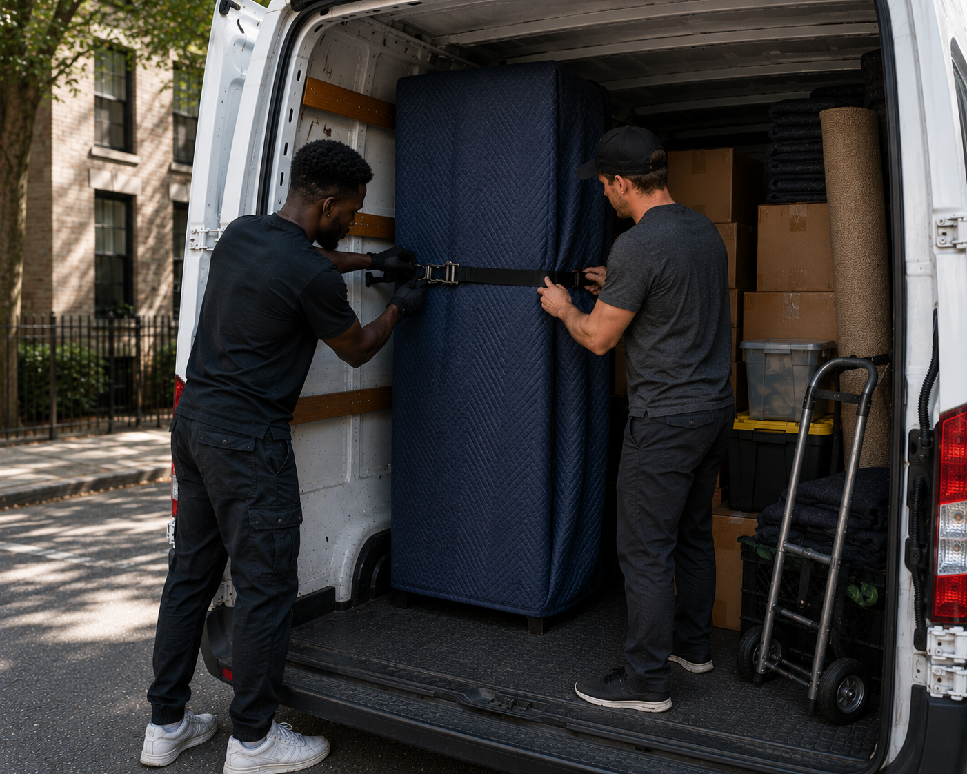 Two movers securing a mattress inside a van.