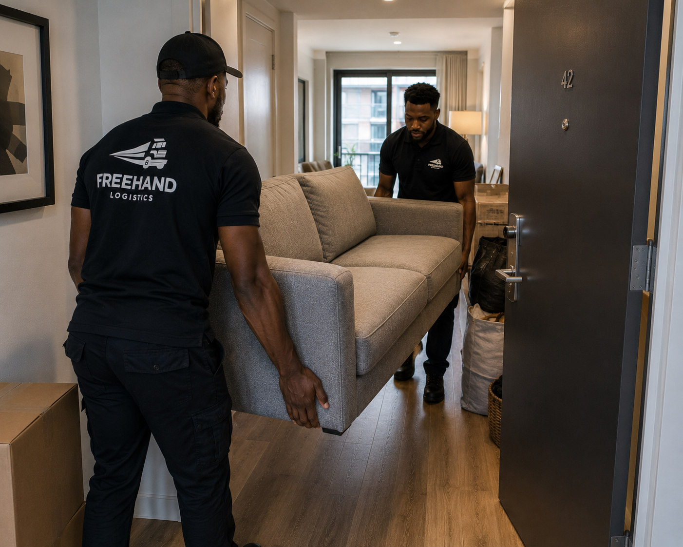 Two Freehand Logistics movers carrying a sofa through an apartment doorway.